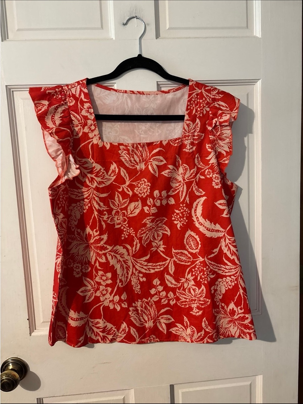 SHEIN Red Floral Square-Neck Ruffle Sleeve Blouse